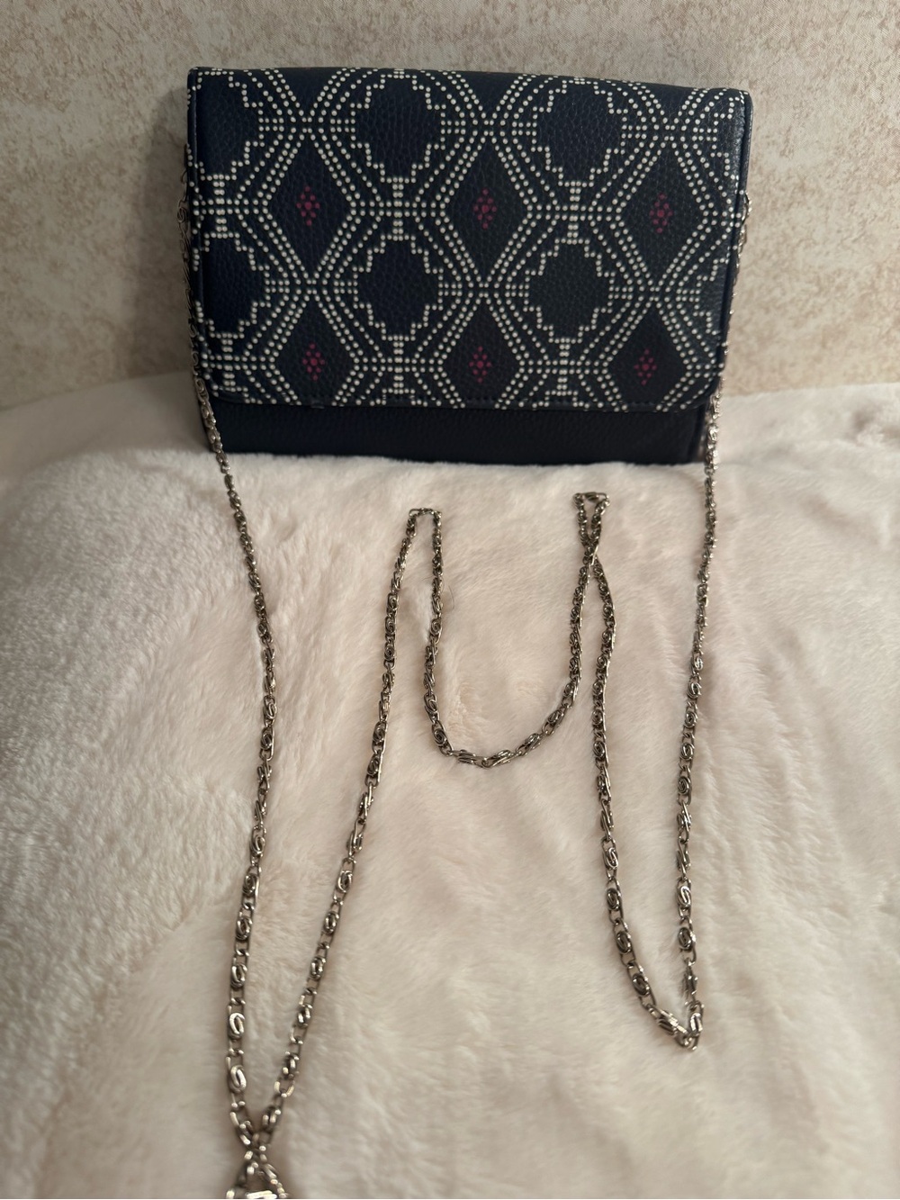 Navy Patterned Crossbody Bag with Silver Chain